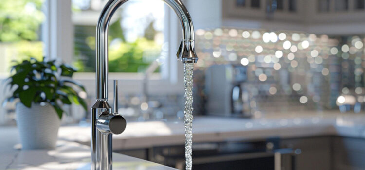 Clear water flowing from a modern kitchen faucet after whole-house water filtration in a Texas home