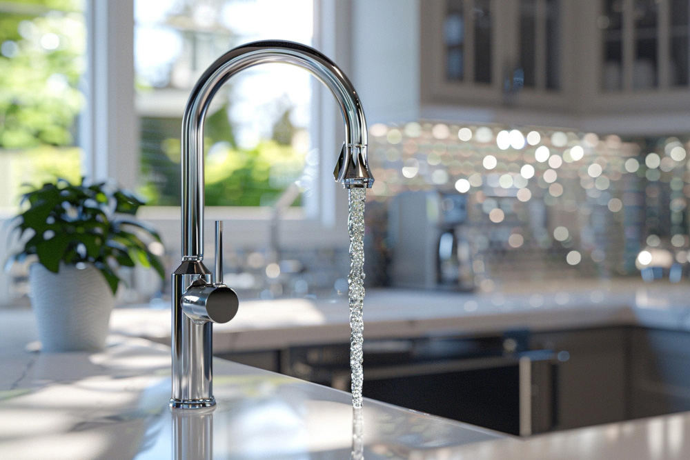 Clear water flowing from a modern kitchen faucet after whole-house water filtration in a Texas home